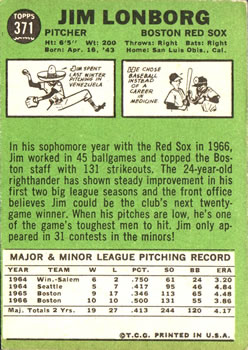 1967 Topps #371 Jim Lonborg back image