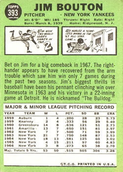 1967 Topps #393 Jim Bouton DP back image