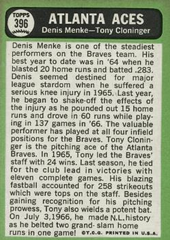1967 Topps #396 Atlanta Aces/Denis Menke/Tony Cloninger back image