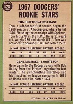 1967 Topps #428 Rookie Stars/Tom Hutton RC/Gene Michael RCDP back image