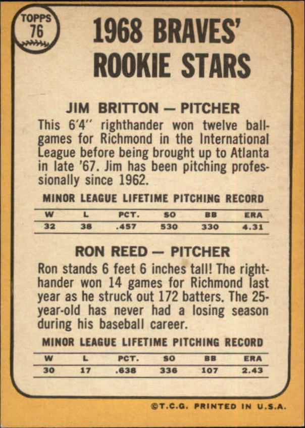 1968 Topps #76 Rookie Stars/Jim Britton/Ron Reed RC back image