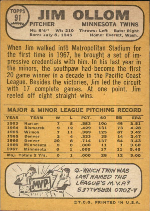 1968 Topps #91 Jim Ollom back image