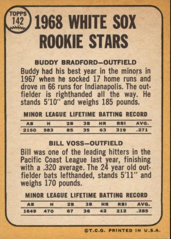 1968 Topps #142 Rookie Stars/Buddy Bradford RC/Bill Voss back image