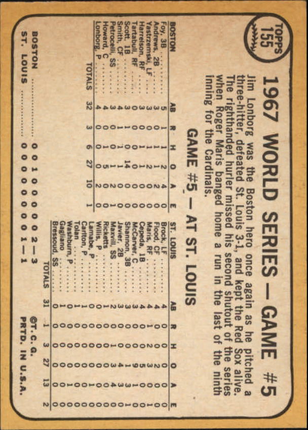 1968 Topps #155 World Series Game 5/Jim Lonborg back image
