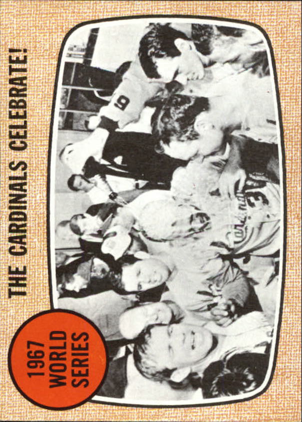 1968 Topps #158 WS Summary/Cardinals Celebrate/Tim McCarver and Joe Schultz very visible in photo