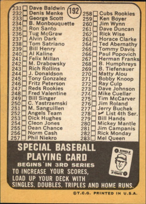 1968 Topps #192B Checklist 3/Carl Yastrzemski/Special Baseball/Playing Card Game back image