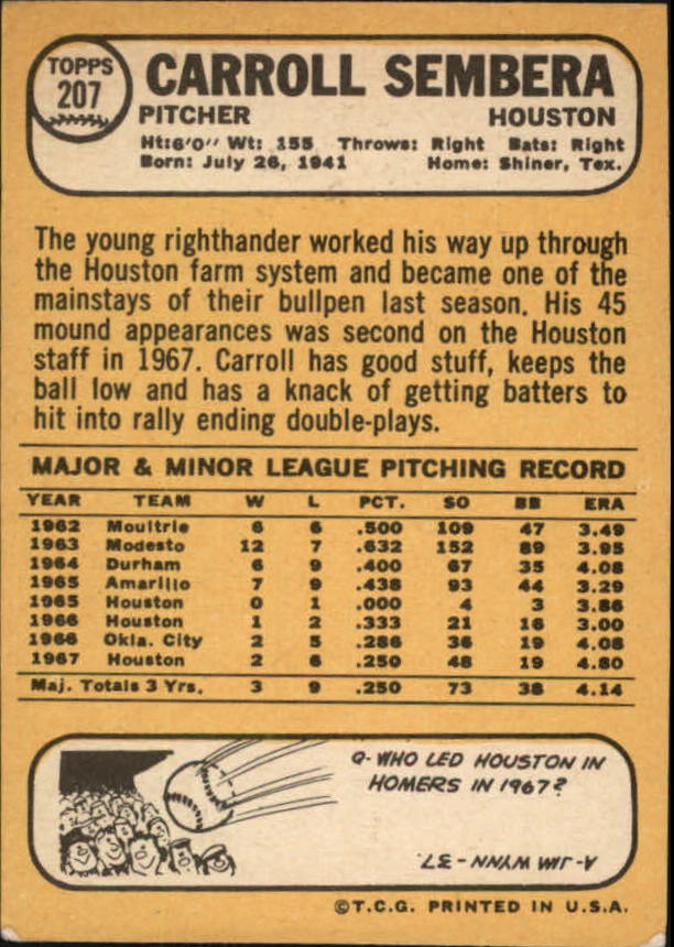 1968 Topps #207 Carroll Sembera back image