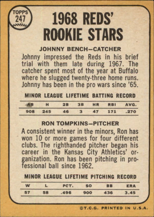 1968 Topps #247A Rookie Stars/Johnny Bench RC/Ron Tompkins COR back image