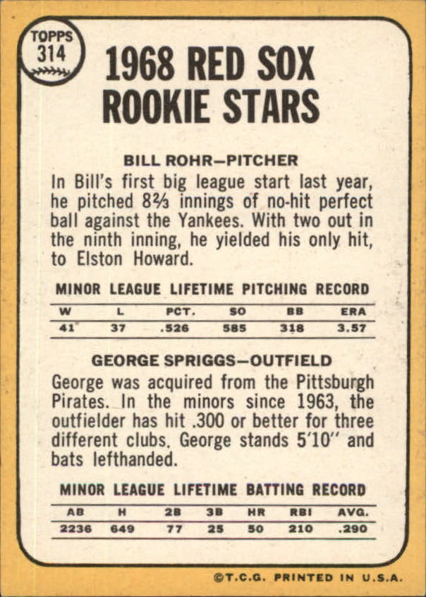 1968 Topps #314 Rookie Stars/Bill Rohr/George Spriggs back image