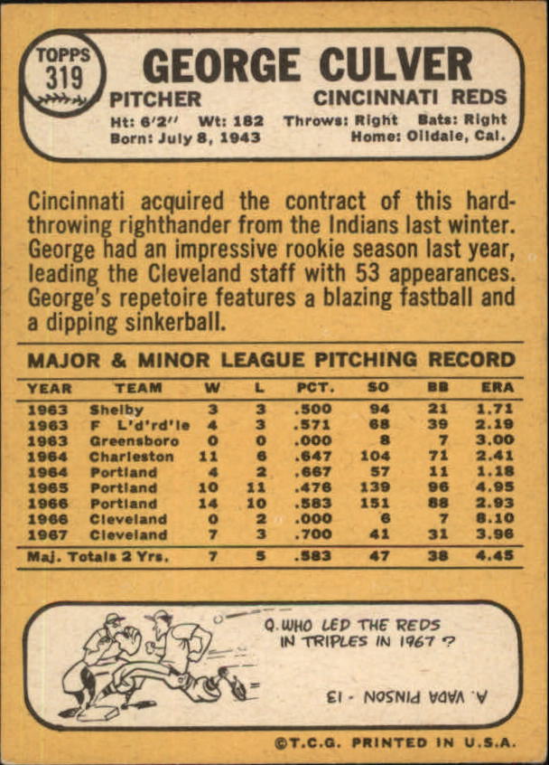 1968 Topps #319 George Culver back image