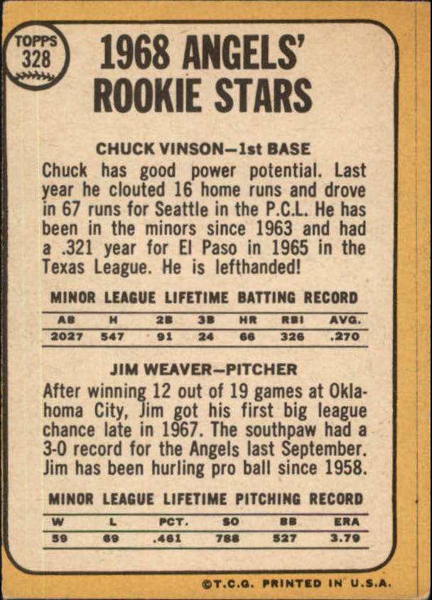 1968 Topps #328 Rookie Stars/Chuck Vinson RC/Jim Weaver RC back image