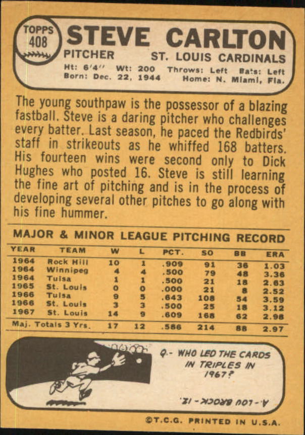 1968 Topps #408 Steve Carlton back image