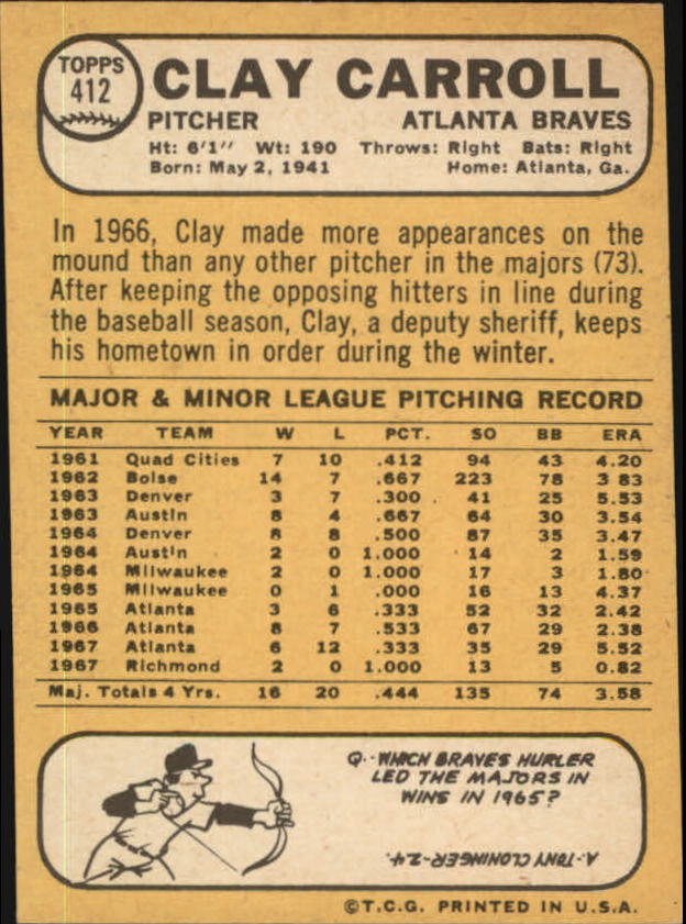 1968 Topps #412 Clay Carroll back image