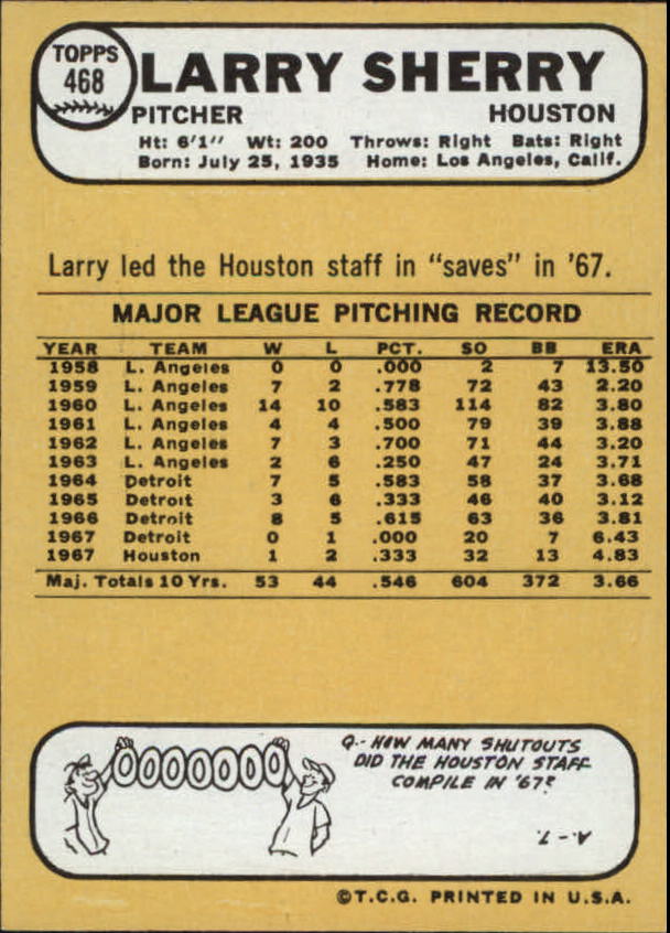 1968 Topps #468 Larry Sherry back image