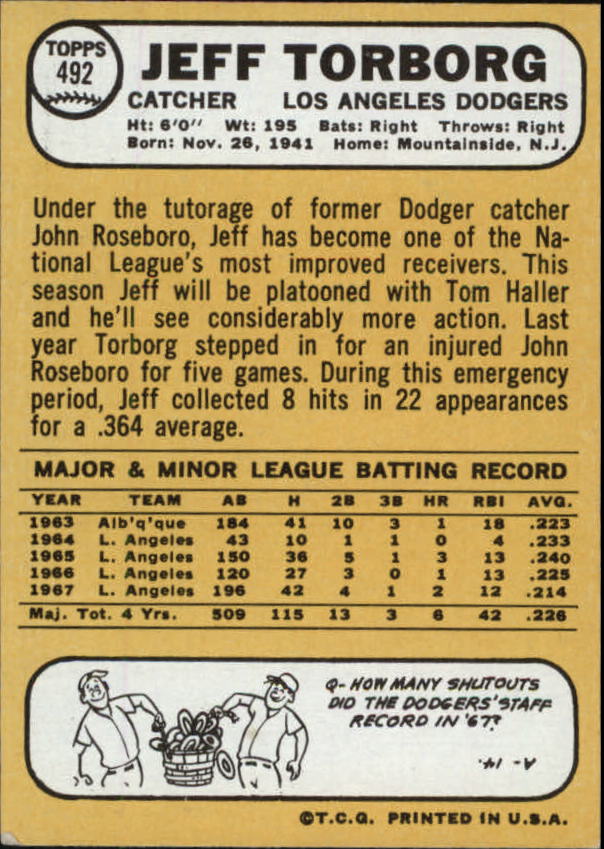1968 Topps #492 Jeff Torborg back image
