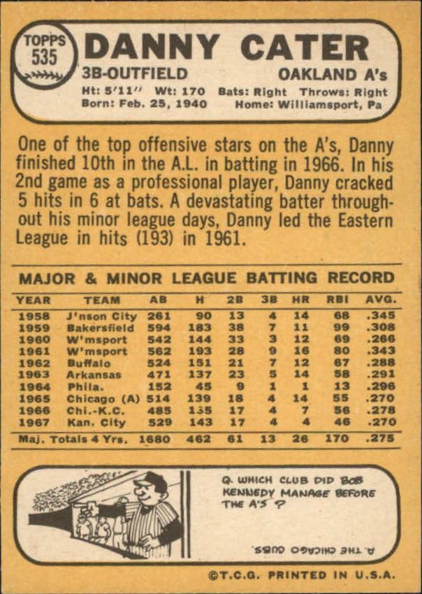 1968 Topps #535 Danny Cater back image
