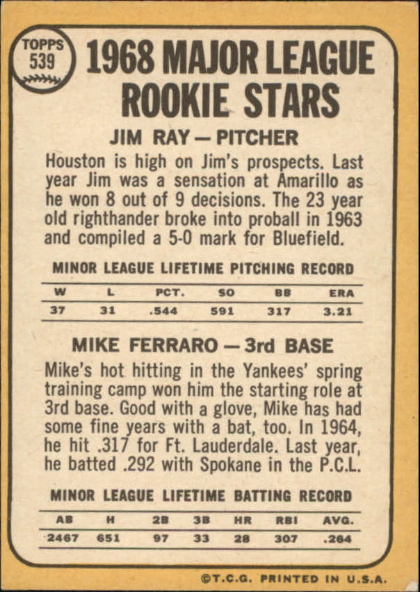1968 Topps #539 Rookie Stars/Jim Ray RC/Mike Ferraro RC back image