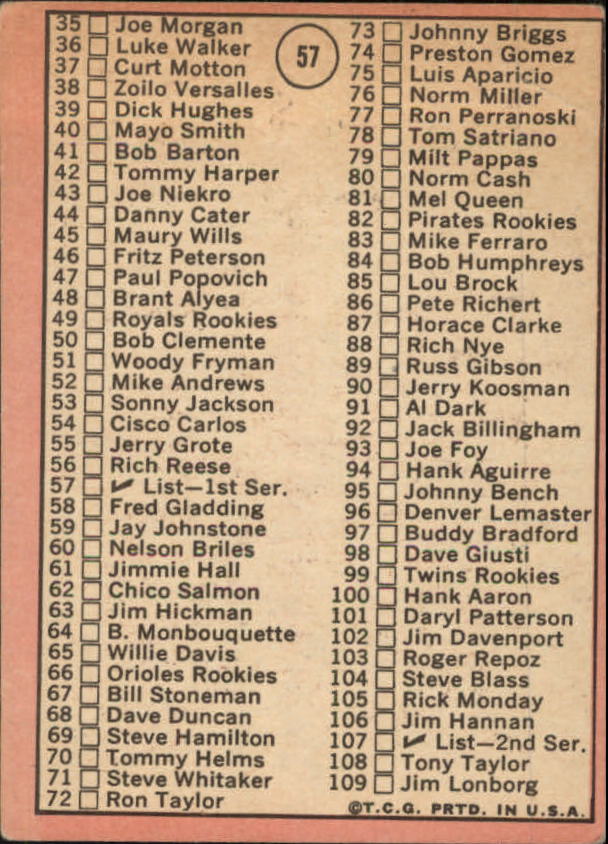 1969 Topps #57 Checklist 1/Denny McLain back image