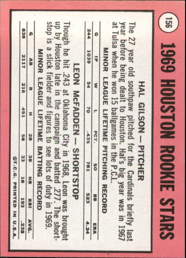 1969 Topps #156 Rookie Stars/Hal Gilson/Leon McFadden RC back image