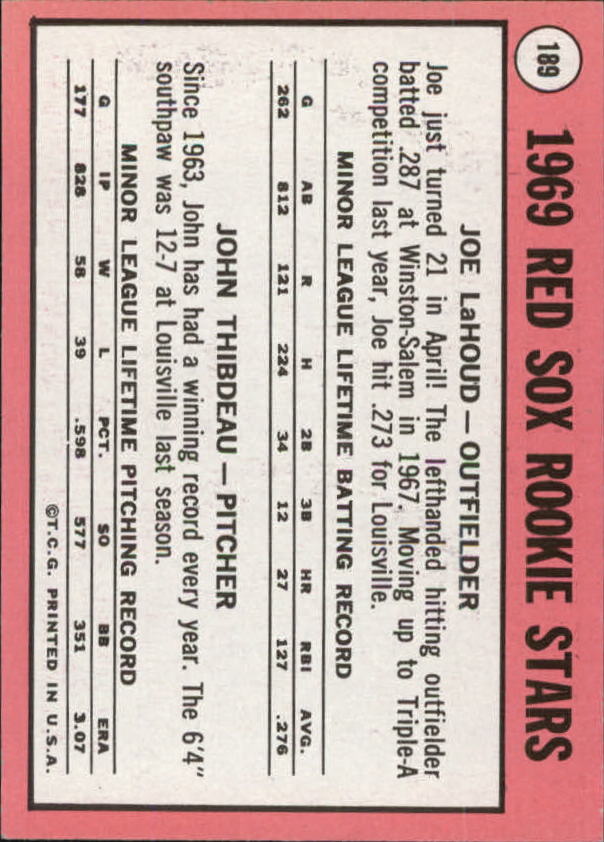 1969 Topps #189 Rookie Stars/Joe Lahoud RC/John Thibodeau RC back image