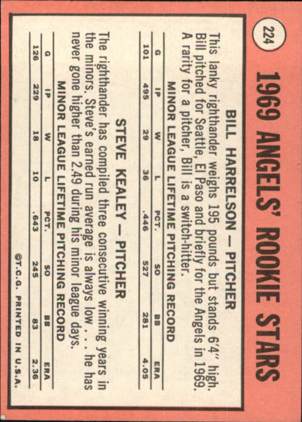 1969 Topps #224 Rookie Stars/Bill Harrelson RC/Steve Kealey RC back image