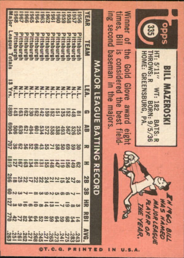 1969 Topps #335 Bill Mazeroski back image