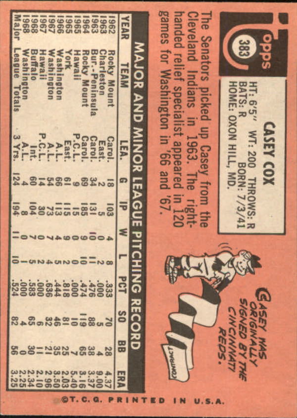 1969 Topps #383 Casey Cox back image