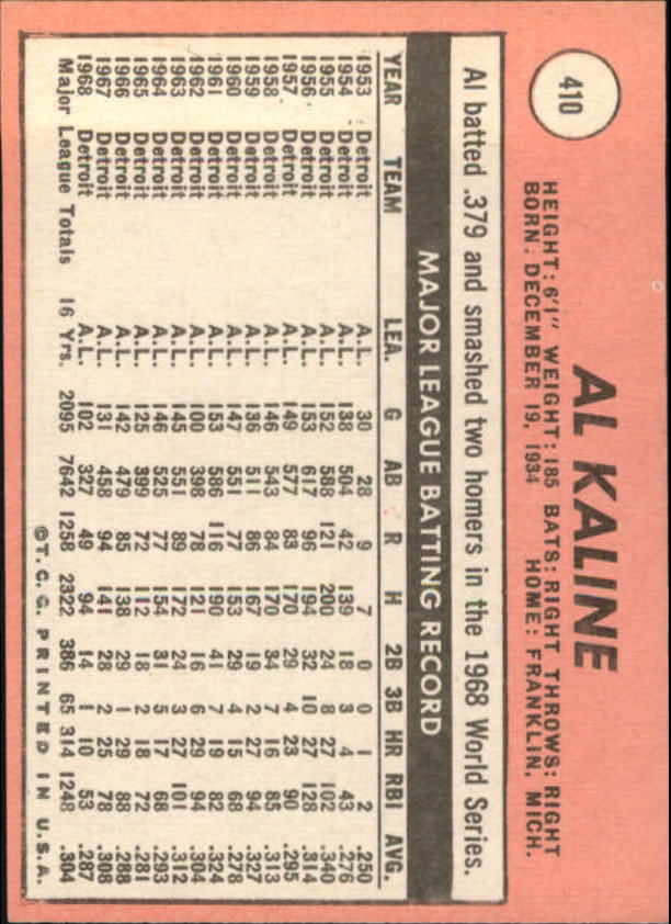 1969 Topps #410 Al Kaline back image