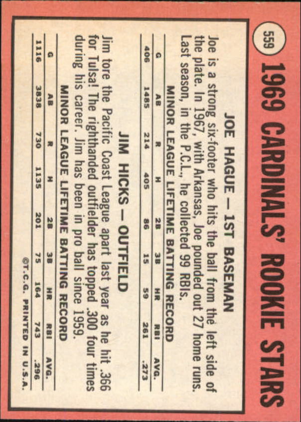 1969 Topps #559 Rookie Stars/Joe Hague RC/Jim Hicks back image