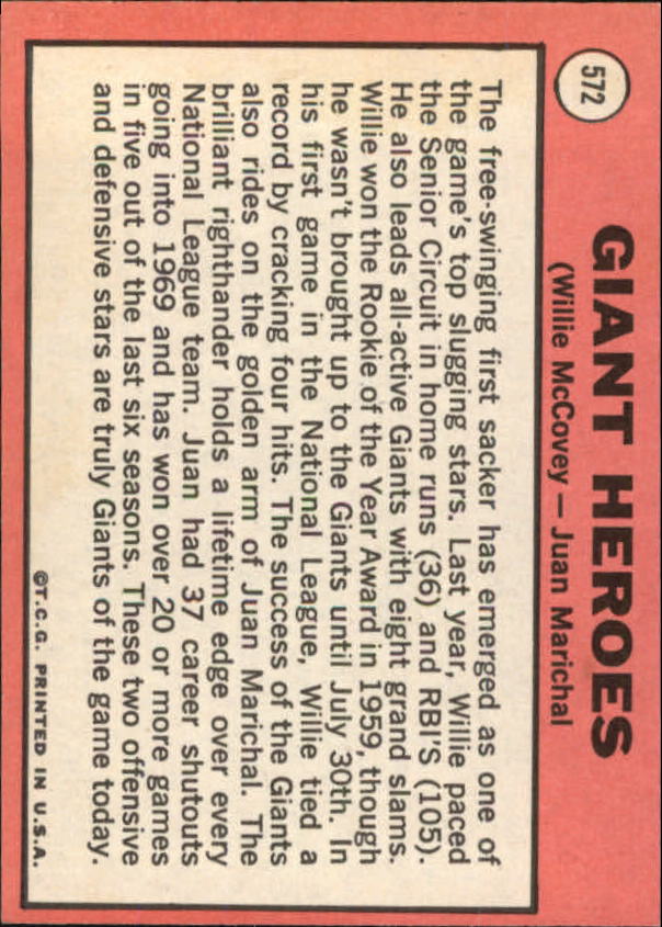 1969 Topps #572 Giants Heroes/Willie McCovey/Juan Marichal back image