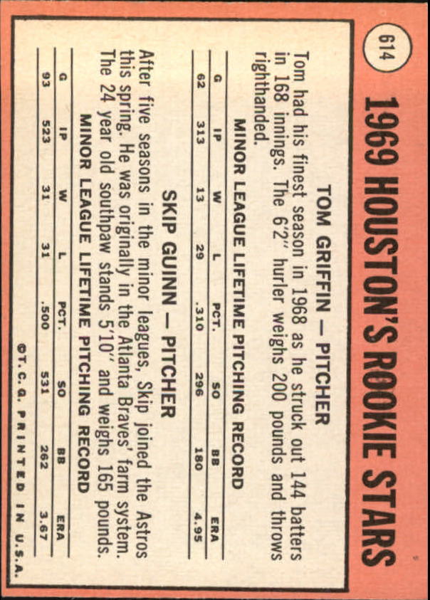 1969 Topps #614 Rookie Stars/Tom Griffin RC/Skip Guinn RC back image