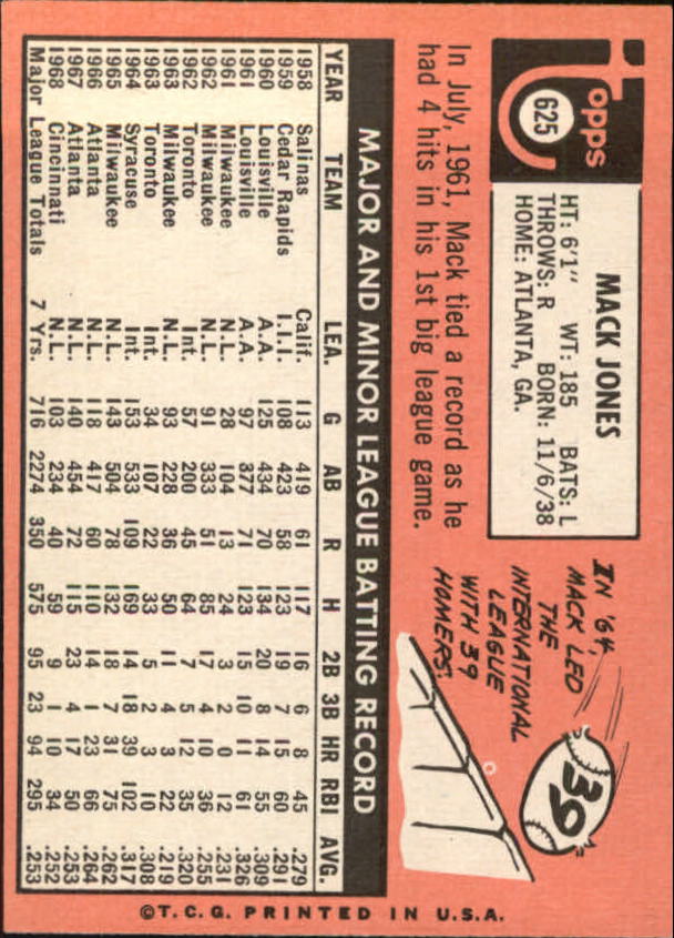 1969 Topps #625 Mack Jones UER/Batting wrong back image