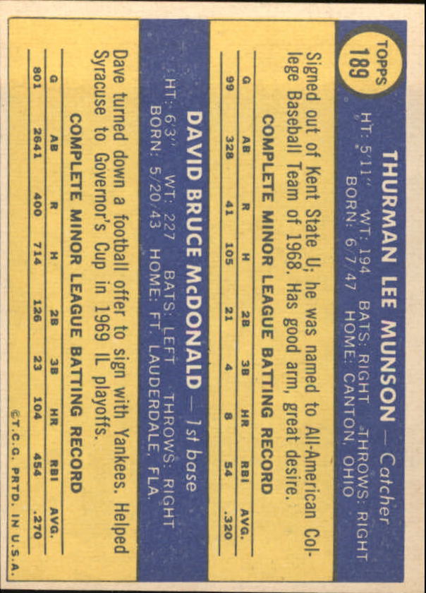 1970 Topps #189 Rookie Stars/Thurman Munson RC/Dave McDonald RC back image
