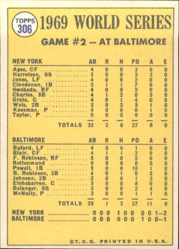 1970 Topps #306 World Series Game 2/Donn Clendenon back image