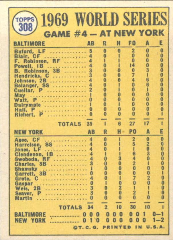 1970 Topps #308 World Series Game 4/J.C. Martin back image