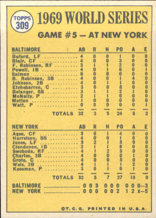1970 Topps #309 World Series Game 5/Jerry Koosman back image