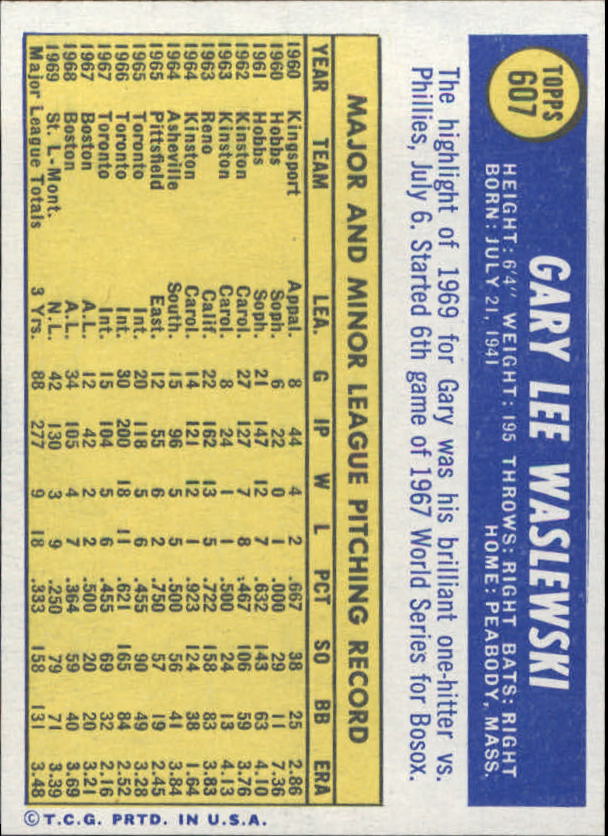 1970 Topps #607 Gary Waslewski back image