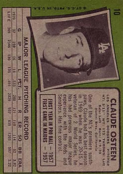 1971 Topps #10 Claude Osteen back image