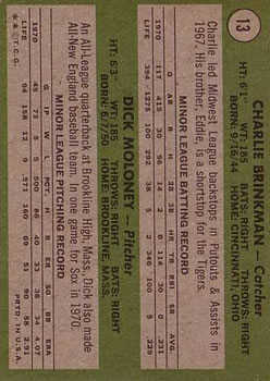 1971 Topps #13 Rookie Stars/Charlie Brinkman RC/Dick Moloney RC back image