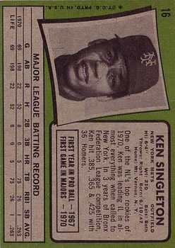 1971 Topps #16 Ken Singleton RC back image