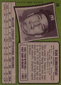 1971 Topps #28 Ron Klimkowski back image