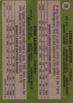 1971 Topps #39 Rookie Stars/Lerrin LaGrow RC/Gene Lamont RC back image