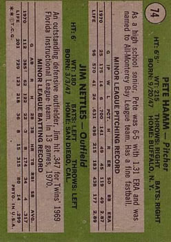 1971 Topps #74 Rookie Stars/Pete Hamm RC/Jim Nettles RC back image
