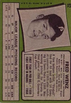 1971 Topps #92 Fred Wenz back image
