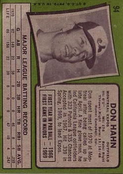 1971 Topps #94 Don Hahn RC back image