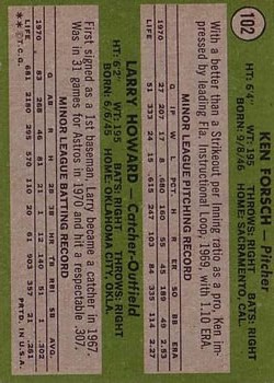 1971 Topps #102 Rookie Stars/Ken Forsch RC/Larry Howard RC back image