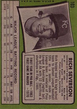 1971 Topps #103 Rich Severson RC back image