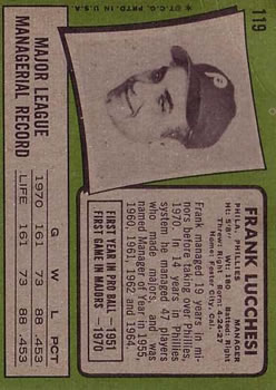 1971 Topps #119 Frank Lucchesi MG back image
