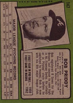 1971 Topps #147 Bob Priddy back image
