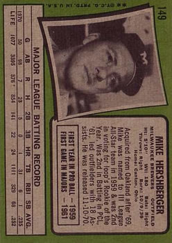 1971 Topps #149 Mike Hershberger back image